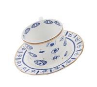 MUCKLILY Turkish Evil Eye Ceramic Mug Set with Saucer and Boho Hamsa Coffee Cups with Handle for Hot and Cold Beverages Versatile Latte Tea Cup for Office Home Breakfast Use