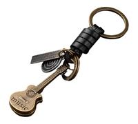 MUCKLILY Vintage Small Guitar Keychain with Woven Strap, Retro Backpack Bag Hanging Pendant, Decorative Key Ring for Car and Home Use