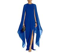 MuCoo Women's Elegant High Split Flared Sleeve Long Formal Evening Gown Dress with Cape Blue XXL