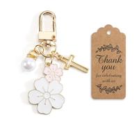 MUCOOS Elegant Pink and White Cherry Blossom and Cross Pendant Keychain Set with Organza Bag and Thank You Tag Suitable for Female Friends Birthday Gifts, Keychains, Bag Charms