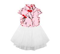 Mud Kingdom 5 Years Girls Qipao Dresses for Little Girl Short Sleeve Mandarin Collar Cheongsam Dress Layered Tulle Skirt Pink