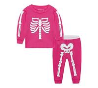 Mud Kingdom 6 Years Girls Pyjama Sets Skeleton Pattern Glow in The Dark Outfits for Little Girl Halloween Homewear Crew Neck Tops and Trousers Pink