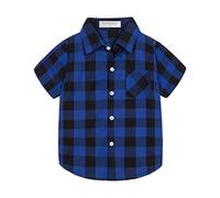 Mud Kingdom Big Boys Plaid Shirt Short Sleeve School Uniform for Boy Point Collar Tops with a Pocket Blue 9-10 Years