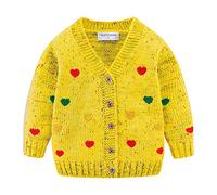 Mud Kingdom Big Girls Cardigans for Girl V-Neck Button Down Knitted Outerwear Colorful Heart Pattern Yellow 9-10 Years