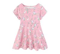 Mud Kingdom Big Girls Dresses Print Short Sleeve Skater Dress for Girl A-Line Swing Twirly Sundress Unicorn Pattern Pink 9-10 Years