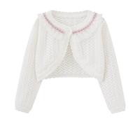 Mud Kingdom Big Girls Knitted Eyelet Shrug Lace Trim One-Button Bolero for Girl Long Sleeve Wedding Cardigan White 9-10 Years