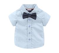 Mud Kingdom Boy Dress Shirt with Bow Tie Short Sleeve Shirts for Little Boys Collared Tops Plain Blue 7-8 Years