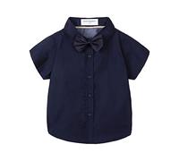 Mud Kingdom Boy Dress Shirt with Bow Tie Short Sleeve Shirts for Little Boys Collared Tops Plain Navy Blue 7-8 Years
