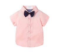 Mud Kingdom Boy Dress Shirt with Bow Tie Short Sleeve Shirts for Little Boys Collared Tops Plain Pink 7-8 Years