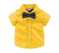 Mud Kingdom Boys Dress Shirt with Bow Tie Short Sleeve Shirts for Toddler Boy Collared Tops Plain Yellow 4 Years