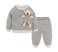 Mud Kingdom Boys Outfits Fleece Lined Striped jogger Sets for Little Boy Crew Neck Sweatshirt Elastic Waist Trousers 2-Piece Set Beige 6 Years