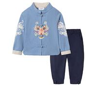 Mud Kingdom Boys Outfits with Dragon Embroidery New Year Tang Suit for Little Boy Traditional Chinese Style 2-Piece Set Frog Button Blue 7-8 Years