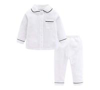 Mud Kingdom Boys Pajama Set Double Gauze Collared Homewear for Little Boy Botton Down Solid Sleepwear White 6 Years
