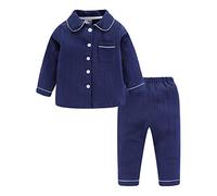 Mud Kingdom Boys Pajama Set Double Gauze Collared Homewear for Toddler Boy Botton Down Solid Sleepwear Navy Blue 3 Years