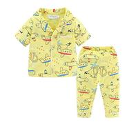 Mud Kingdom Boys Pajama Set for Little Boy Short Sleeve Nightwear with Cartoon Prints Button Down Homewear Airplane Pattern Yellow 9-10 Years