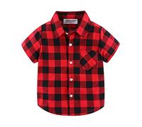 Mud Kingdom Boys Shirt Plaid Point Collar School Uniform for Toddler Boy Short Sleeve Tops with a Pocket Red 4 Years