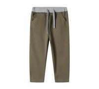 Mud Kingdom Boys' Trousers for Little Kids 4 Years Plain Dark Khaki Twill Adjustable Drawstring Buttoms with Pockets Ribbed Elastic Waist