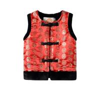 Mud Kingdom Fleece Lined Gilet for Girls 3 Years Chinese Style Stand Up Collar Body Warmer Toddler Frog Button Tang Suit Flowers Pattern Red