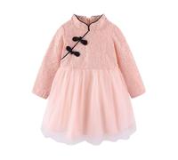 Mud Kingdom Girls Floral Dress Long Sleeve Lace Tutu Dresses for Little Girl Back Zipper Traditional Style Chinese New Year Slant Pink 7-8 Years