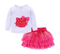 Mud Kingdom Girls Outfit Long Sleeve Cat Pattern T-Shirt with a Bow Long Ruffle Lareyed Skirt Elastic Wasit Tutu Dress for Toddler Girl Rose Red 4 Years