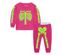 Mud Kingdom Girls Pink Pyjama Sets for Little Girl Halloween Glow in The Dark Nightwear Crew Neck Tops and Trousers Skeleton Pattern 9-10 Years