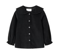 Mud Kingdom Girls Shirt Peter Pan Collar Corduroy Blouse for Big Girl Button Down School Uniform Ruffle Cuff Plain Black 9-10 Years