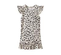 Mud Kingdom Girls Sleepwear Crew Neck Nightgown for Big Girl Flutter Short Sleeve Nightdress with Ruffle Hem Beige Leopard Print 9-10 Years