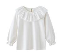 Mud Kingdom Girls T-Shirt Peter Pan Collar Blouse for Toddler Girl Floral Hollow-Out Trim Long Sleeve Pullover Cotton White 4 Years