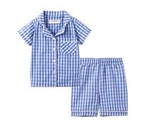 Mud Kingdom Kids Pajamas 2-Piece Set Checked Button Down Nightwear for Little Boy Short Sleeve Sleepwear Blue 6 Years