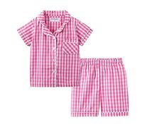 Mud Kingdom Kids Pajamas 2-Piece Set Checked Button Down Nightwear for Little Girl Short Sleeve Sleepwear Pink 5 Years