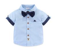 Mud Kingdom Little Boy Dress Shirt with Adjustable Bow Tie Short Sleeve Shirts Boys Polka Dot Cuffed Tops Blue 7-8 Years