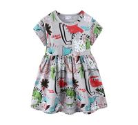Mud Kingdom Little Girl Dresses A-Line Short Sleeve Dress for Girls Front Pocket Dinosaur Print Cotton Grey 6 Years