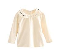 Mud Kingdom Little Girls Long Sleeve T-Shirt for Girl Peter Pan Collar Tops Embroidery Footprint Beige 6 Years