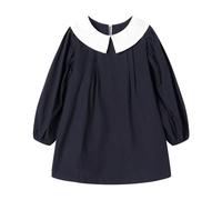 Mud Kingdom Little Girls School Dresses for Girl Puffy Long Sleeve Dresses A-Line Peter Pan Collar Elegant Navy Blue 7-8 Years