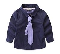 Mud Kingdom Toddler Boys Dress Shirt with Necktie Long Sleeve School Uniform for Boy Plain Navy Blue 2 Years