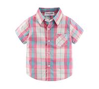 Mud Kingdom Toddler Boys Shirt Plaid Short Sleeve School Uniform for Boy Point Collar Tops with a Pocket Pink 3 Years
