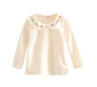 Mud Kingdom Toddler Girls T-Shirt Long Sleeve Peter Pan Collar Pullover for Girl Embroidery Butterfly Beige 2 Years