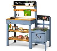 Mud Kitchen with Planter Box, Outdoor Play Pretend Toy with Stoves, Removable Sink, Faucet, Blackboard, Cooking Accessories & Gardening Tools Set, Wooden Kids Kitchen for Boys Girls 3-8 Years Old