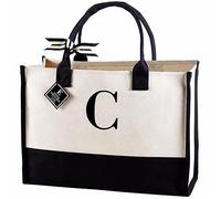 Mud Pie Classic Black and White Initial Canvas Tote Bags (C), 100% Cotton, 17" x 19" x 2"