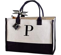 Mud Pie Classic Black and White Initial Canvas Tote Bags (P), 100% Cotton, 17" x 19" x 2"