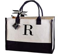 Mud Pie Classic Black and White Initial Canvas Tote Bags (R), 100% Cotton, 17" x 19" x 2"