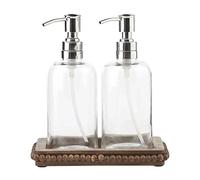 Mud Pie Glass Soap Pump and Brown Beaded Wood Tray Set, 7" x 4"