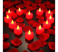 Mudder 12 Pcs Heart Shape LED Tealight Candles Love LED Candles with 200 Pieces Silk Rose Scatter Artificial Petals for Valentines Wedding Table Party Decor(Red Light, Red Petal)
