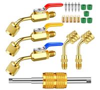 Mudder 21 Pcs A2L R32 R454B HVAC Adapter Kit, 1/4" LH Female to 1/4" SAE Male Refrigerant Fitting Set with Ball Valves, Valve Core Remover for Mini Split AC System(45° Angle, Welding)