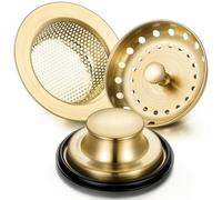 Mudder 3 Pcs Kitchen Sink Drain Strainer and Stopper Stainless Steel Garbage Disposal Plug with Handle Universal Anti-Clogging Kitchen Sink Filter Sieve Basket Strainer(Brushed Gold)