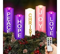 Mudder 5 Pcs Flameless Advent Candles Set, Pillar with Words Remote | LED Christmas Wreath Advent Candles, with Words Hope Peace Love Joy Christ, and Remote, Purple Pink White Pillar Candles
