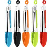 Mudder 5 Pieces 7 Inch Silicone Tongs Mini Kitchen Tongs with Silicone Tips Small Serving Tongs Stainless Steel Cooking Tongs for Salad, Grilling, Frying and Cooking