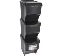 Muddy Hands 3-Piece 22L Black Stackable Recycling Bin Set - Modern Space-Saving Waste Separation Boxes with Easy-Access Lids for Home or Kitchen