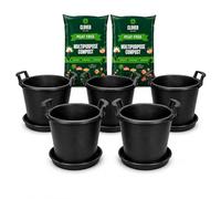 Muddy Hands 30L Heavy Duty Black Plastic Plant Pots with Saucers and Handles, 5 Pack, with 2 x 40L Peat Free Multipurpose Compost