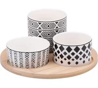 Muddy Hands 4-Piece Tapas Serving Set - Round Wooden Tray with 3 Black & White Ceramic Bowls - Modern Geometric Pattern for Snacks, Dips & Appetisers